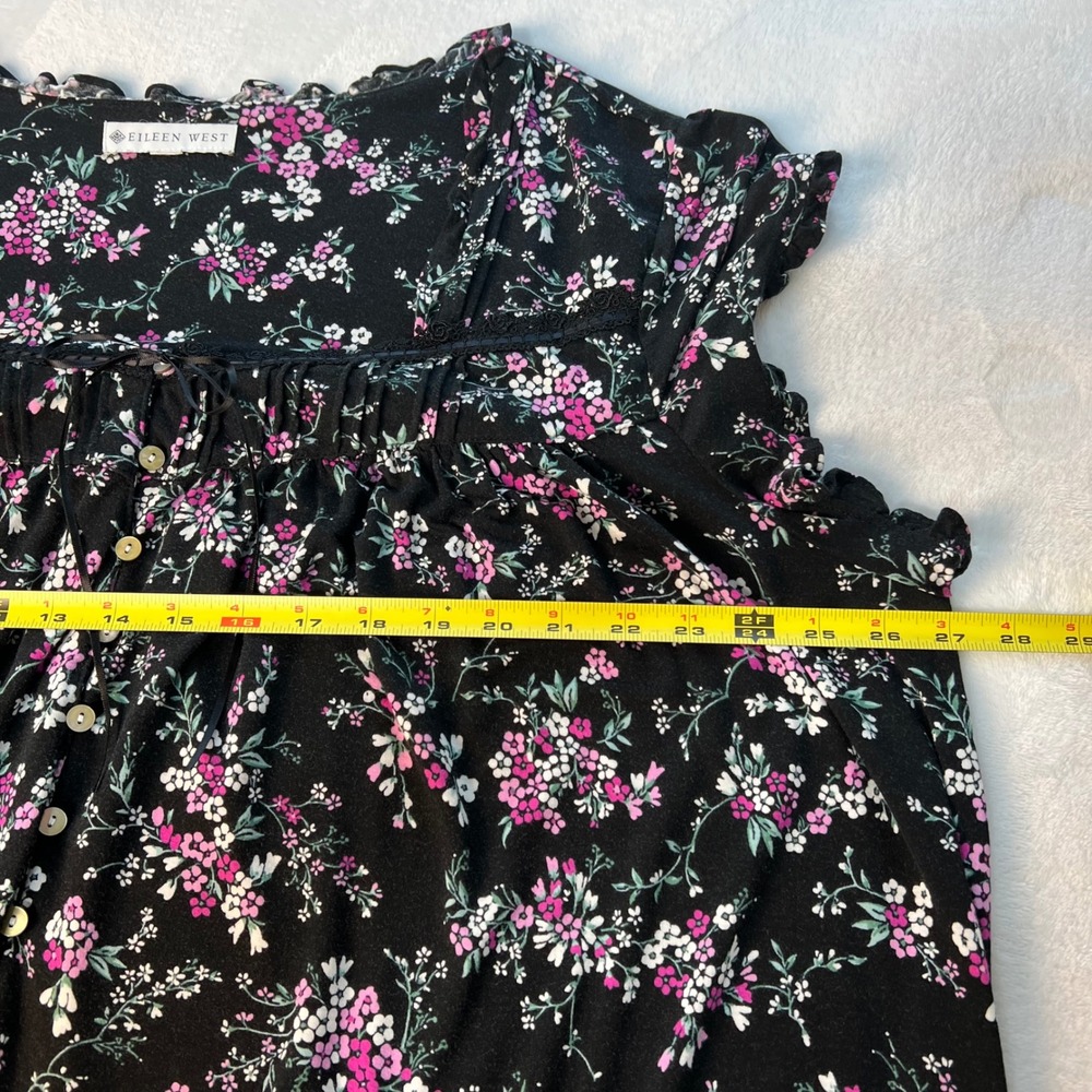 Eileen West Black Floral Nightgown Daydress 2X Short Sleeve Lace Trim Cotton - Picture 7 of 9